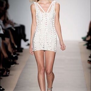 HERVE LEGER MAX AZRIA Beige+Cream Braided Bandage Bodycon Stretch Mini Dress Med